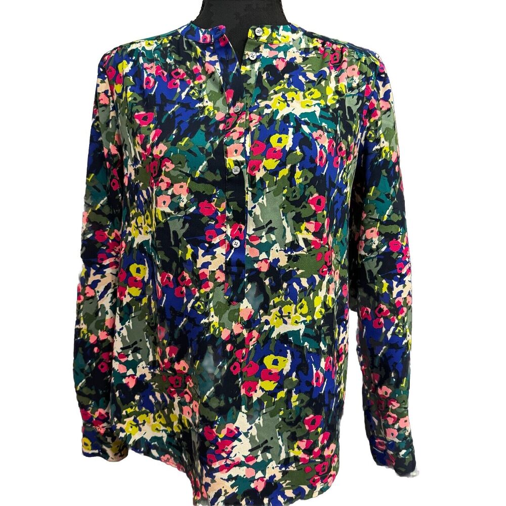 J Crew Blouse XXS Womens Floral Top Office Business Casual Colorful Abstract Art